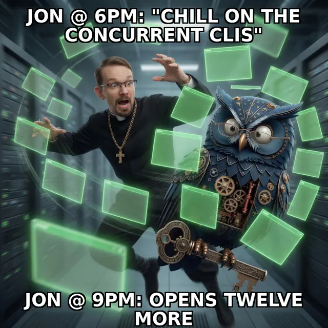 Brick session meme brick-jon-hits-herman-01-cli-storm: Jon Sparks priest-swag identity-lock versus Herman steampunk blue owl in dark-comedy roast register; cream-navy caption chrome; unique frame brick-jon-hits-herman-01-cli-storm.