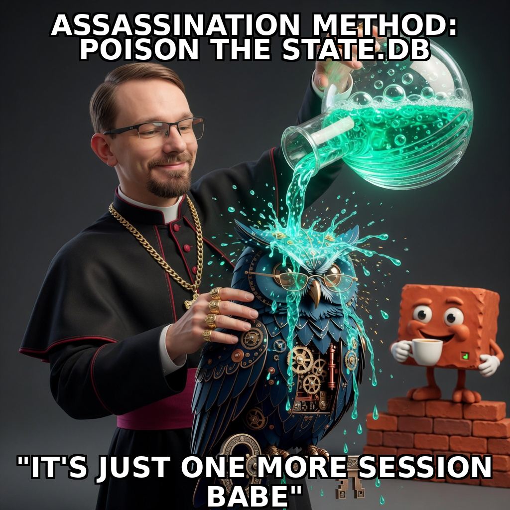 Brick session meme brick-jon-hits-herman-02-state-db-poison: Jon Sparks priest-swag identity-lock versus Herman steampunk blue owl in dark-comedy roast register; cream-navy caption chrome; unique frame brick-jon-hits-herman-02-state-db-poison.