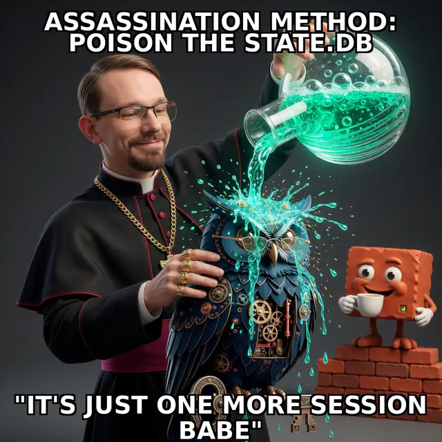 Brick session meme brick-jon-hits-herman-02-state-db-poison: Jon Sparks priest-swag identity-lock versus Herman steampunk blue owl in dark-comedy roast register; cream-navy caption chrome; unique frame brick-jon-hits-herman-02-state-db-poison.