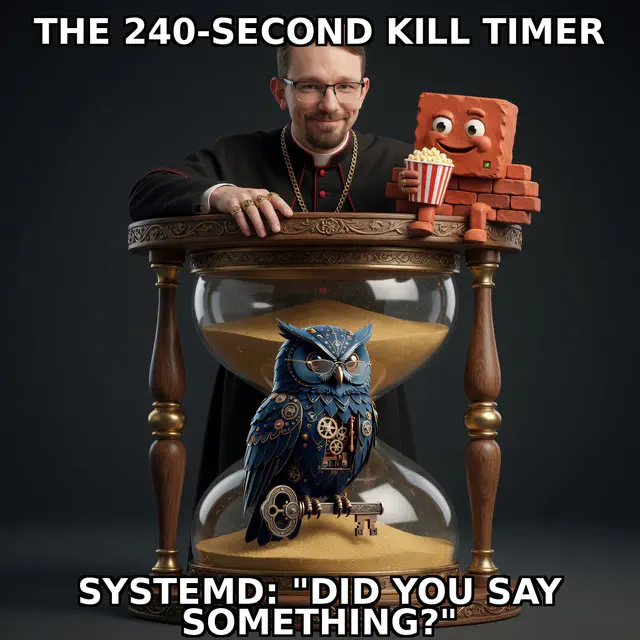 Brick session meme brick-jon-hits-herman-03-240s-timer: Jon Sparks priest-swag identity-lock versus Herman steampunk blue owl in dark-comedy roast register; cream-navy caption chrome; unique frame brick-jon-hits-herman-03-240s-timer.