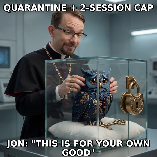 Brick session meme brick-jon-hits-herman-04-quarantine-pillow: Jon Sparks priest-swag identity-lock versus Herman steampunk blue owl in dark-comedy roast register; cream-navy caption chrome; unique frame brick-jon-hits-herman-04-quarantine-pillow.