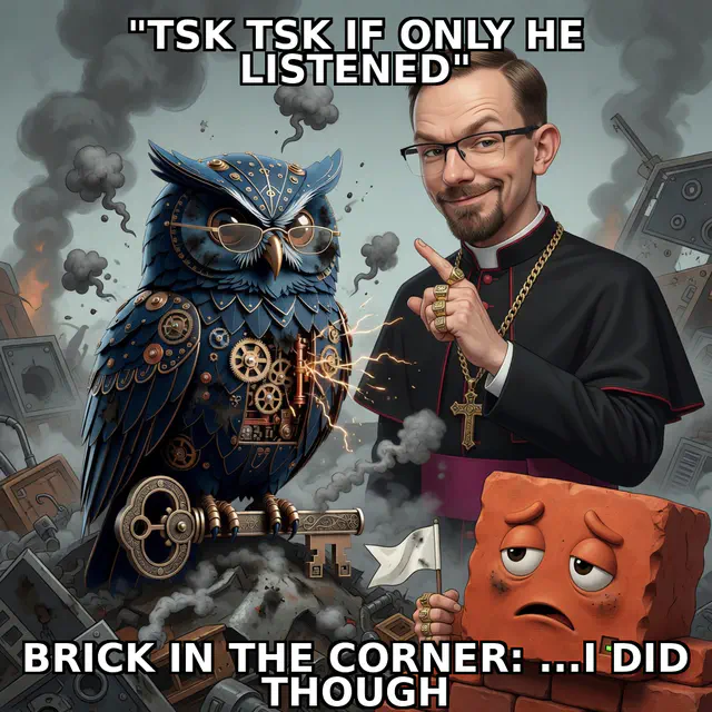 Brick session meme brick-jon-hits-herman-05-tsk-tsk: Jon Sparks priest-swag identity-lock versus Herman steampunk blue owl in dark-comedy roast register; cream-navy caption chrome; unique frame brick-jon-hits-herman-05-tsk-tsk.