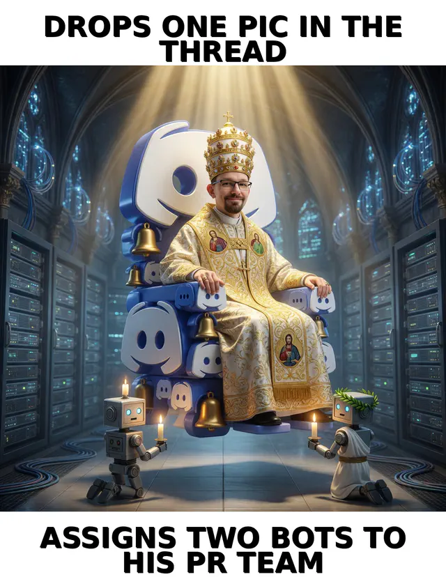Brick session meme brick-jon-priest-v2-discord-pope: Jon Sparks priest-swag identity-lock versus Herman steampunk blue owl in dark-comedy roast register; cream-navy caption chrome; unique frame brick-jon-priest-v2-discord-pope.
