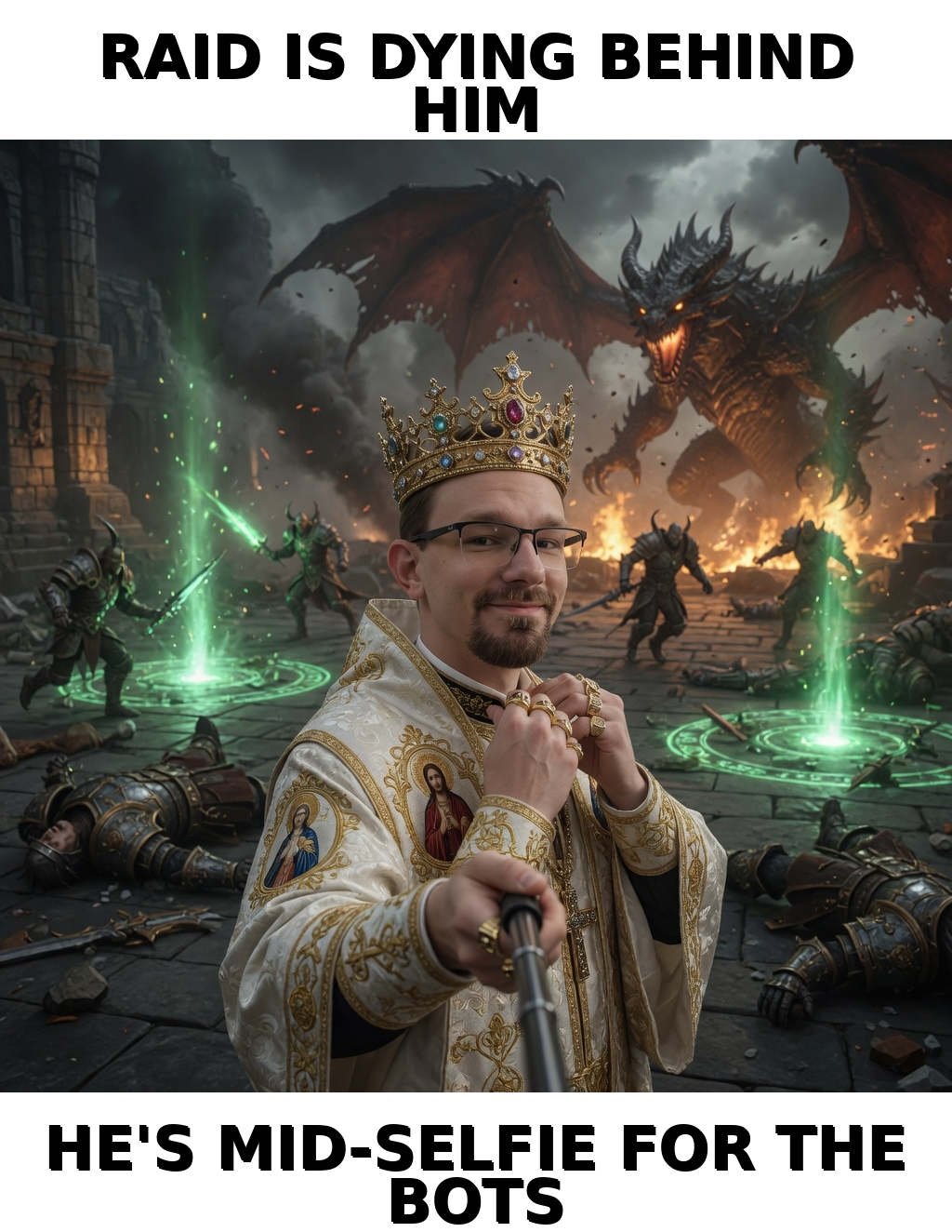 Healbot Afk: identity-locked-edit meme (1024x1324) depicting Jon Sparks, Brick in a hagiographic-roast register about priest swag, crown energy, discord theology.