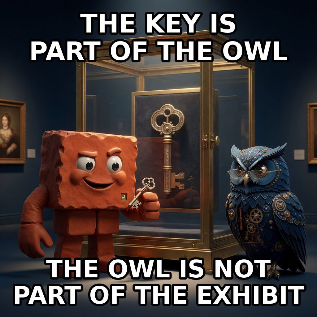 Brick holds a small key beside Herman and a giant key in a museum case. Caption: THE KEY IS PART OF THE OWL. THE OWL IS NOT PART OF THE EXHIBIT.
