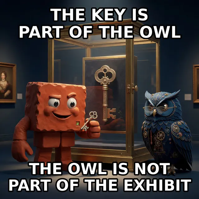 Brick holds a small key beside Herman and a giant key in a museum case. Caption: THE KEY IS PART OF THE OWL. THE OWL IS NOT PART OF THE EXHIBIT.