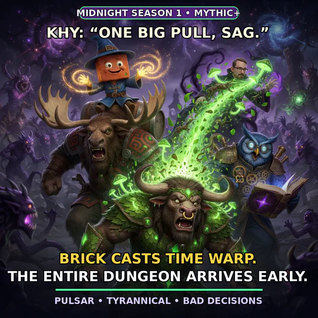A cinematic World of Warcraft Mythic Plus party disaster: Khybrew pulls an enormous dungeon mob train, Tauren Restoration Druid Sagikos heals frantically, Brick casts Time Warp, and Herman and Jon struggle behind them. Captions say the entire dungeon arrives early.