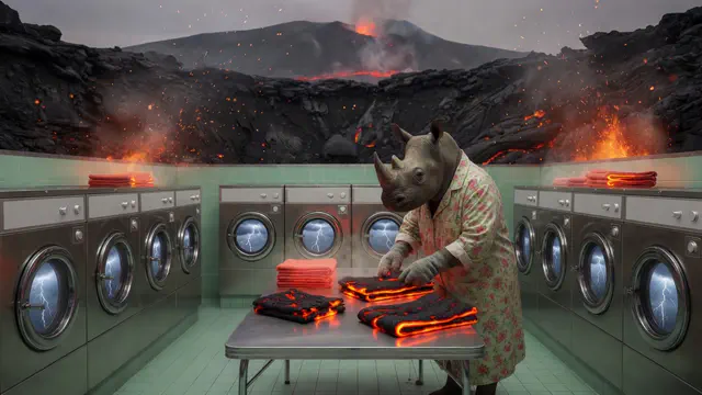 Inside an active volcanic crater, an elderly rhinoceros in a floral robe calmly folds glowing lava towels in a mint-green laundromat.