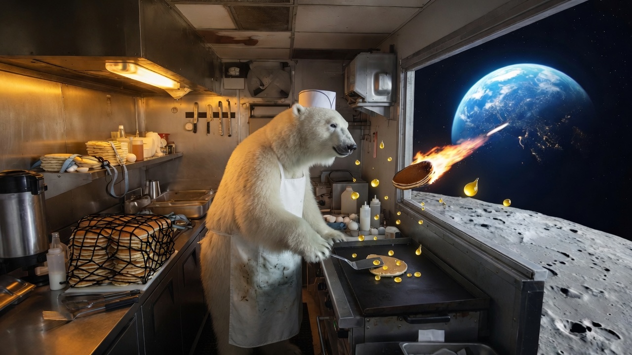 A polar-bear diner chef flips a flaming pancake toward Earth from a greasy stainless-steel kitchen floating above the Moon.