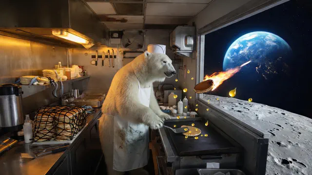 A polar-bear diner chef flips a flaming pancake toward Earth from a greasy stainless-steel kitchen floating above the Moon.