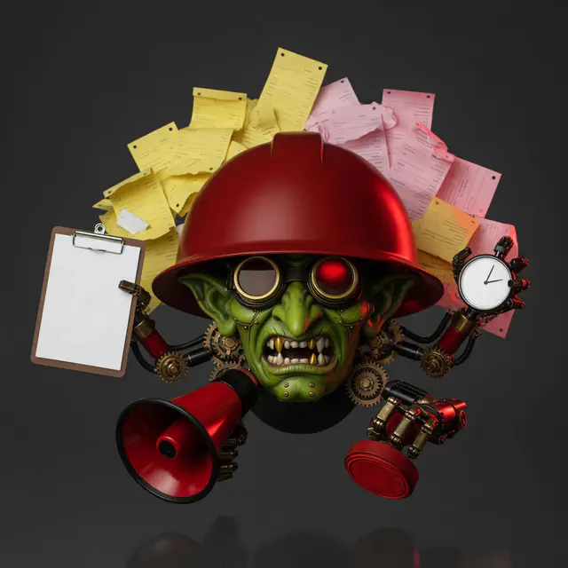 Tiny mechanical goblin foreman under an enormous red hard hat, holding a clipboard, stopwatch, megaphone, and blank quarantine stamp.