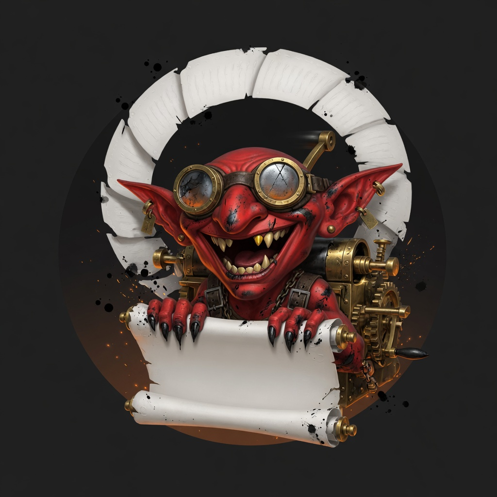 Crimson industrial goblin with safety goggles, a brass printing press backpack, and a vast blank paper scroll curling around him.
