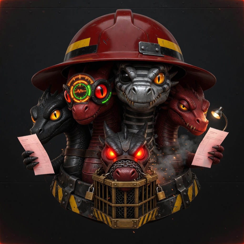 Five-headed mechanical dragon under a single red hard hat, with the central deploy head restrained inside a brass muzzle.