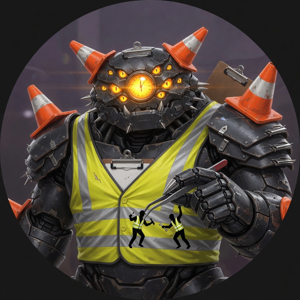 Massive industrial monster built from clipboards and office machinery, wearing a tiny safety vest and delicately holding tiny workers with tweezers.
