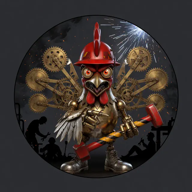 Feral mechanical rooster foreman with a red factory-bell hard hat, brass stopwatch eyes, and a fan of clockwork tail mechanisms.