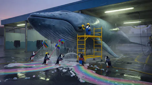 A colossal blue whale hovers inside a suburban car-wash bay while tiny penguin workers scrub it with rainbow foam brushes and pressure hoses.