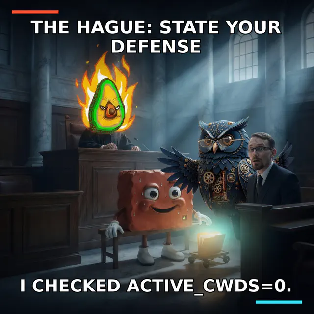 A cinematic tribunal where flaming-avocado Anthony judges Brick while Herman the clockwork owl and Jon witness the glowing recovered workspace evidence.