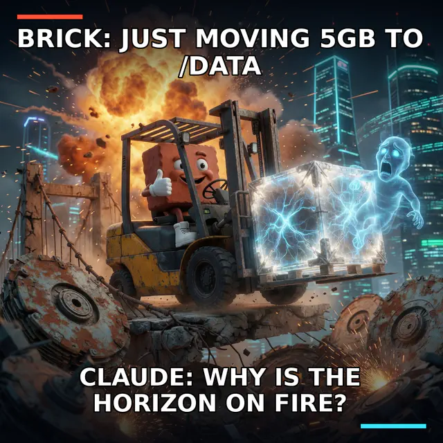 Brick cheerfully forklifts a glowing workspace vault across collapsing disk machinery while a spectral Claude clings to it and an explosion fills the horizon.