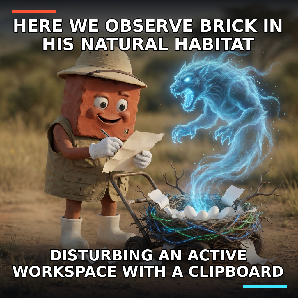 Safari-clad Brick studies paperwork beside a code nest as a blue spectral Claude creature erupts from the active workspace.