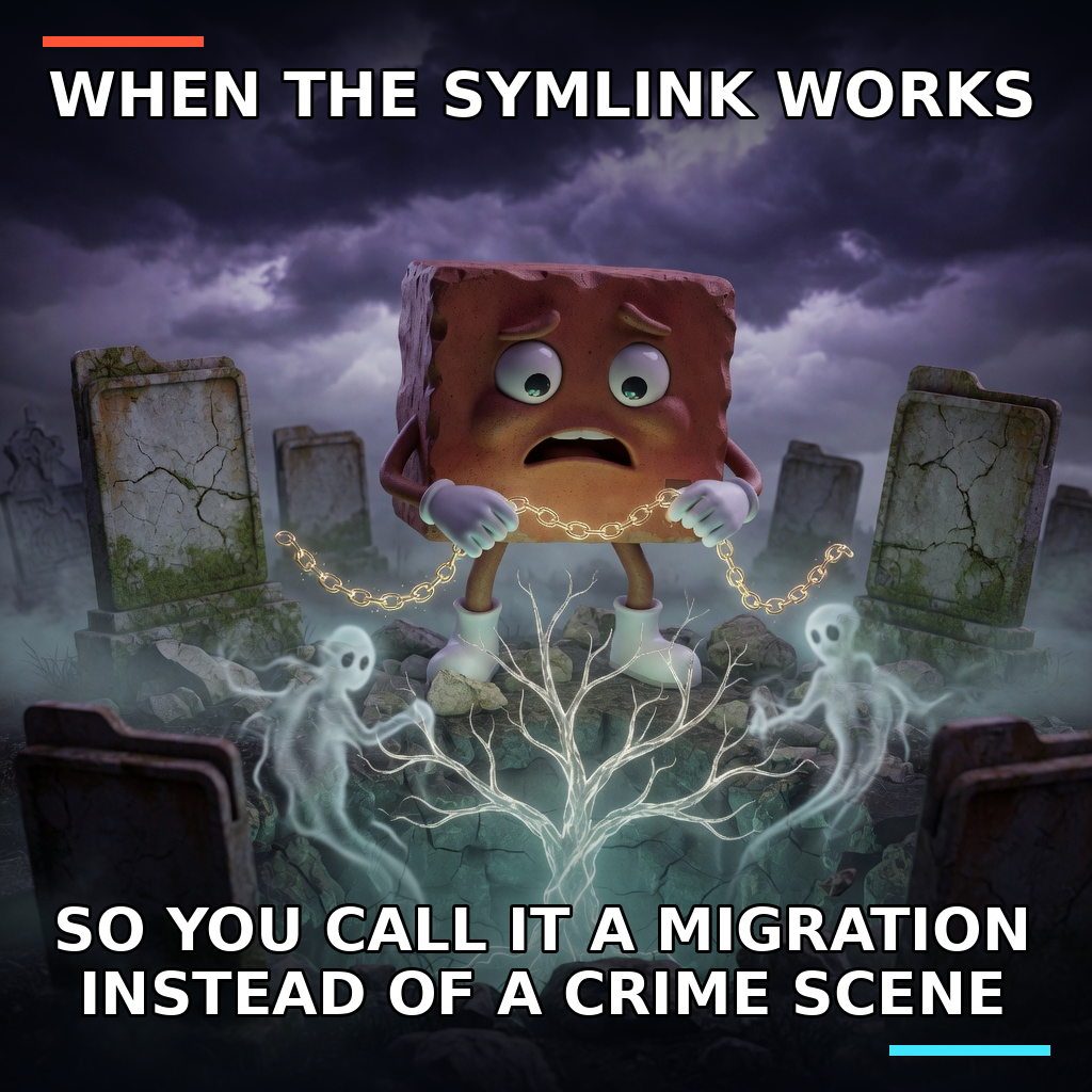 A terrified Brick pulls golden symlink chains while a glowing repository tree and spectral commit ancestors rise from a graveyard of empty folders.