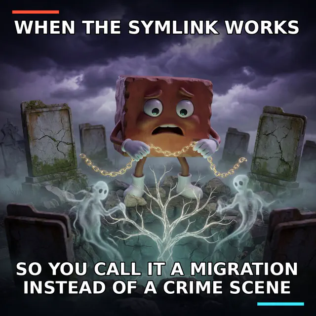 A terrified Brick pulls golden symlink chains while a glowing repository tree and spectral commit ancestors rise from a graveyard of empty folders.