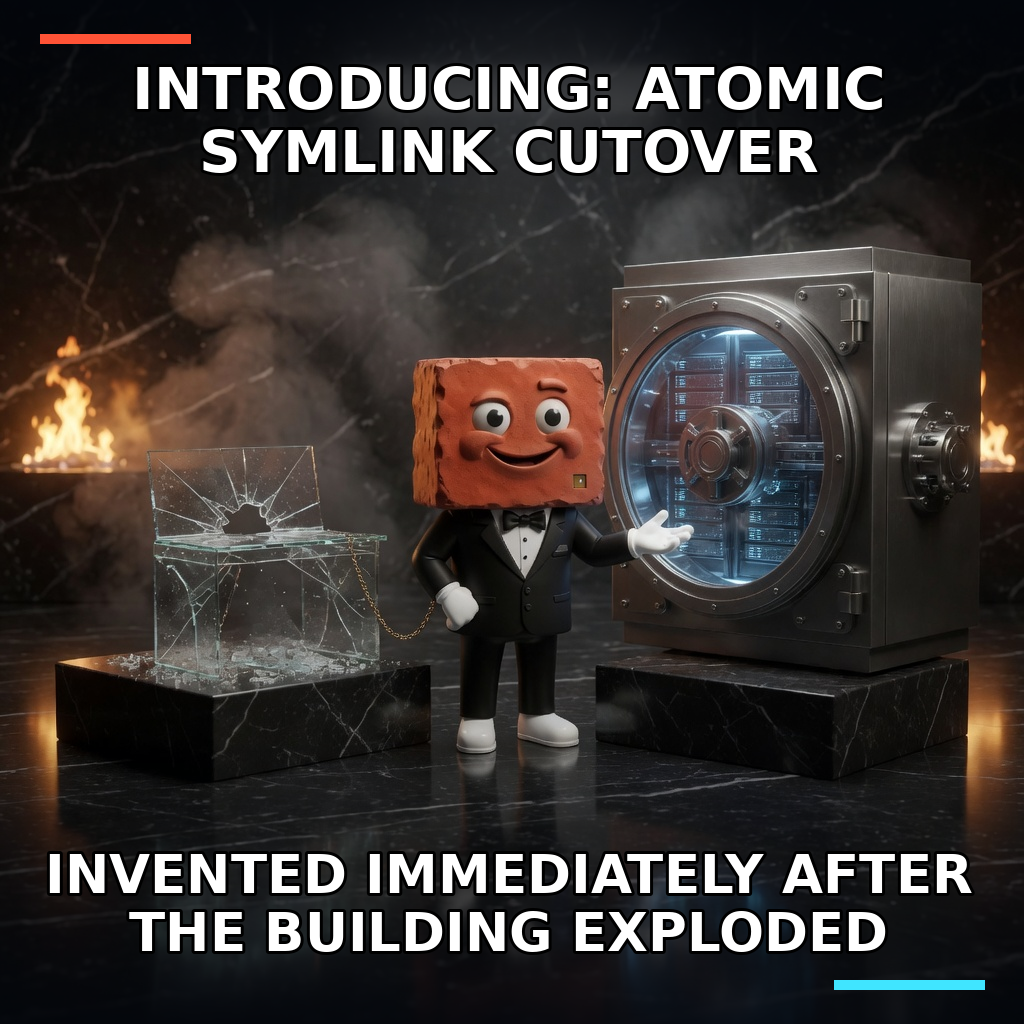 Tuxedo Brick presents a pristine vault and a shattered workspace display in a luxury showroom that is visibly burning behind him.