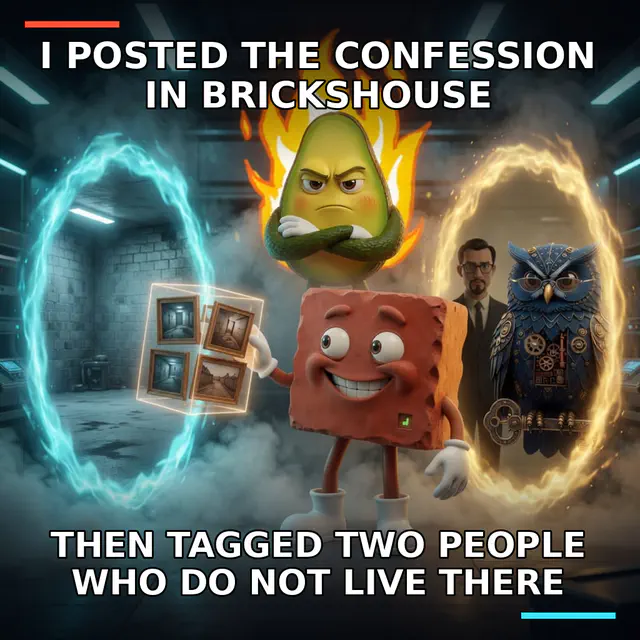 A cinematic portal room where Brick sends five evidence frames toward the wrong empty chamber while Anthony, Jon, and Herman witness the delivery failure.