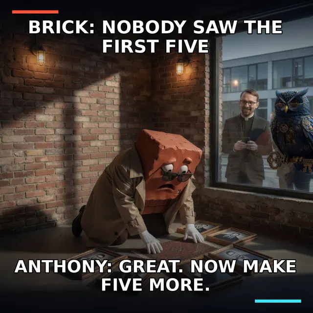 A noir Brick in a trench coat fails to conceal five framed exhibits beneath a tiny rug while Jon and Herman watch through glass.