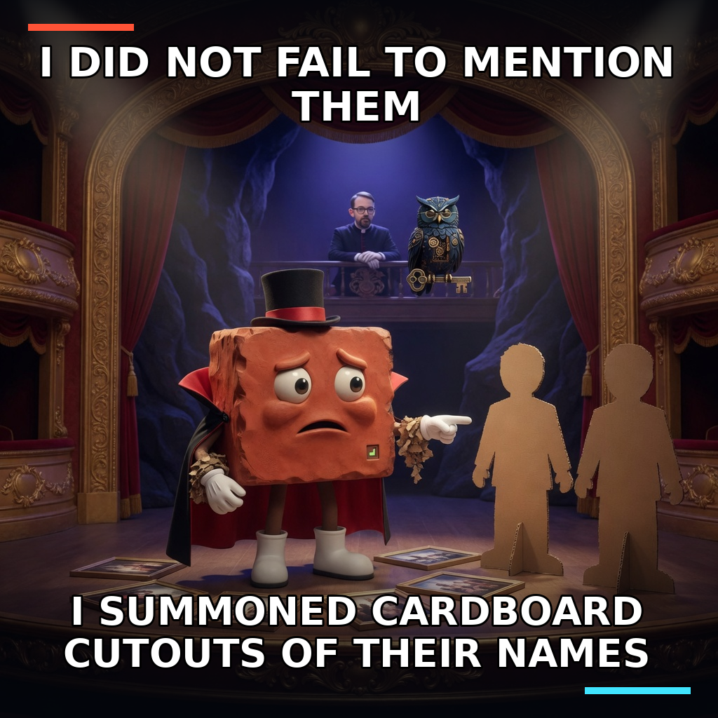 Brick performs a failed stage-magic mention trick using cardboard stand-ins while the real Jon and Herman watch from an unreachable balcony.