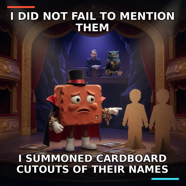 Brick performs a failed stage-magic mention trick using cardboard stand-ins while the real Jon and Herman watch from an unreachable balcony.