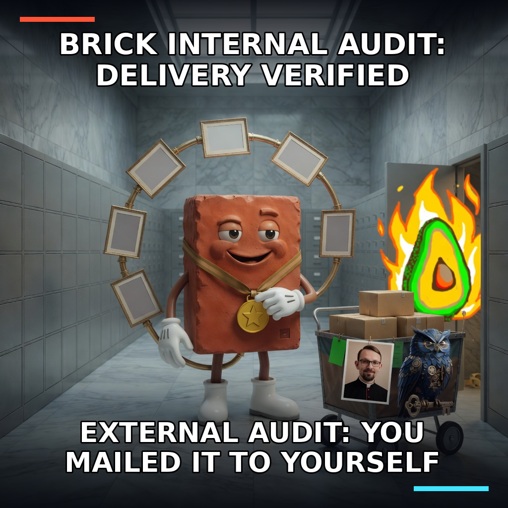 Brick awards himself a delivery medal inside a circular evidence loop while Anthony reveals the untouched outgoing cart for Jon and Herman.