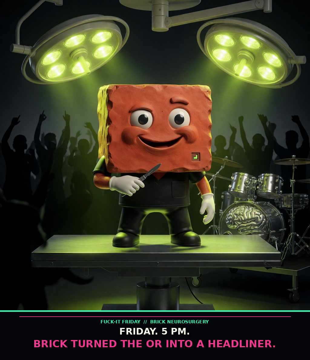 Terracotta Brick in black surgical scrubs stands on an operating table under neon surgical lamps like a rock frontman, with a brain drum kit and cheering silhouettes.