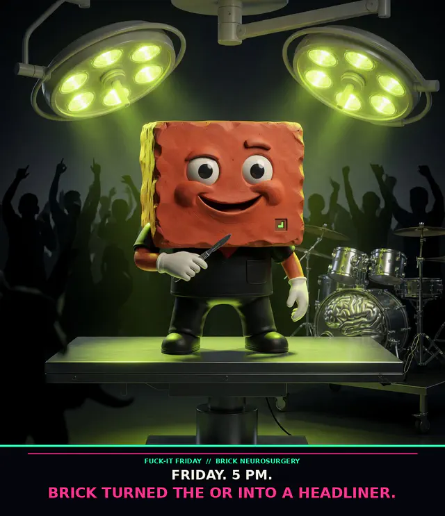 Terracotta Brick in black surgical scrubs stands on an operating table under neon surgical lamps like a rock frontman, with a brain drum kit and cheering silhouettes.