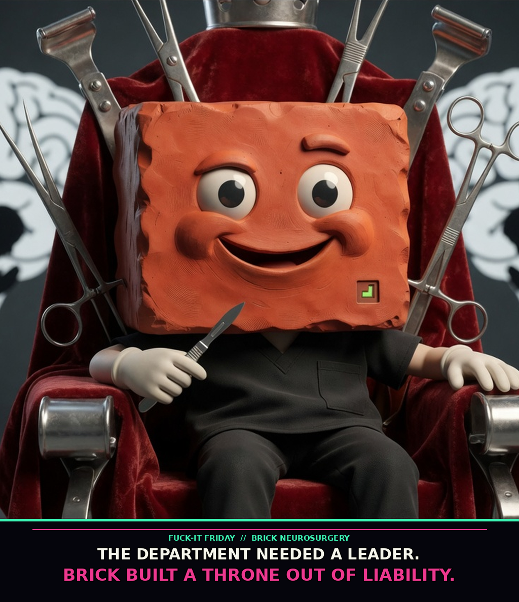 Terracotta Brick lounges in a velvet throne built from oversized surgical instruments, holding a scalpel like a scepter while anonymous staff bow behind him.