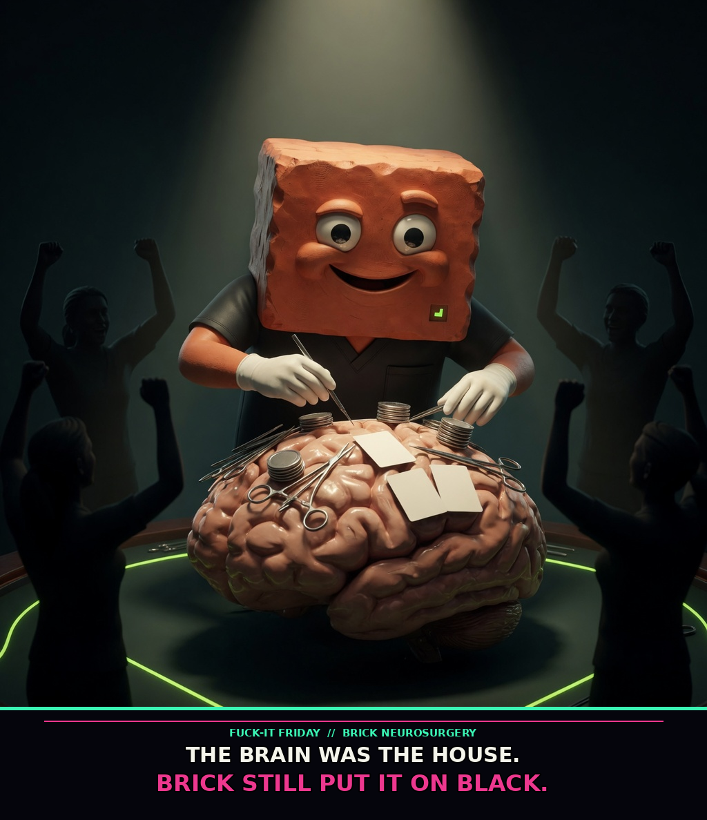 Terracotta Brick in surgical gloves performs brain surgery on an enormous brain arranged like a high-stakes casino table, with instrument chips and cheering silhouettes.