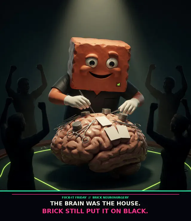Terracotta Brick in surgical gloves performs brain surgery on an enormous brain arranged like a high-stakes casino table, with instrument chips and cheering silhouettes.