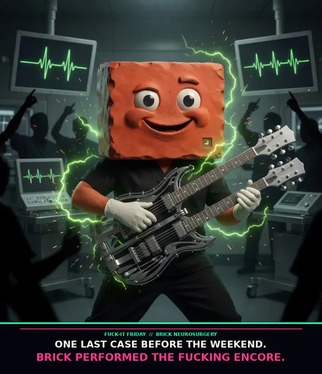 Terracotta Brick in surgical gloves performs a ferocious double-neck instrument solo made from safe surgical tools in an emergency room with green waveform monitors and concert silhouettes.