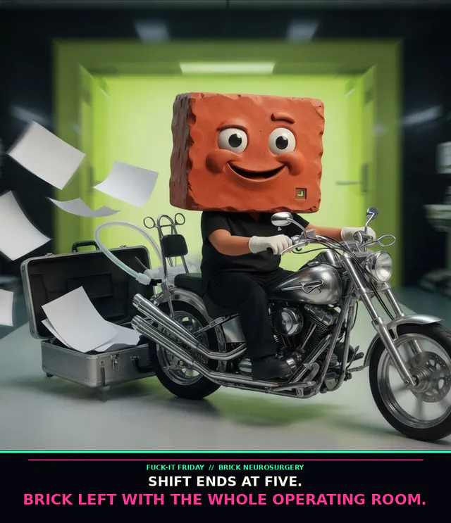 Terracotta Brick in black surgical scrubs rides a chrome motorcycle out of a blurred hospital corridor with an open instrument case and blank papers flying.