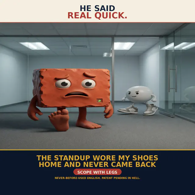 Standup Shoes: still-life-meme meme (1200x1200) depicting Brick in a deadpan register about standup, agent novelty.