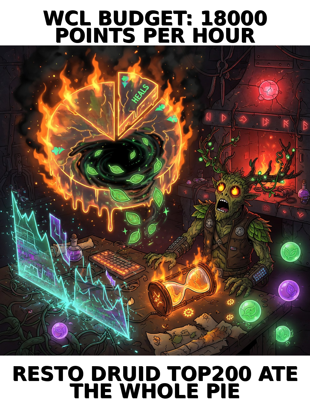 WCL Budget Meltdown: product-poster meme (1024x1324) depicting Brick in a builder-roast register about warcraftlens, oakenforge, builder dogfood.
