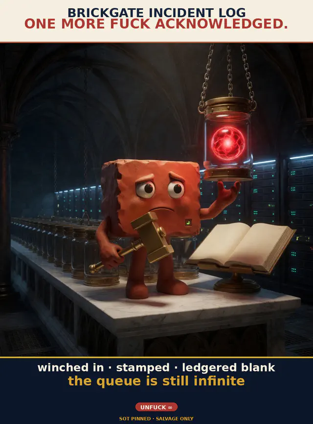 Terracotta Brick stands in a gothic server crypt holding a gavel and a glowing red incident jar labeled among empty jars and a ledger book.