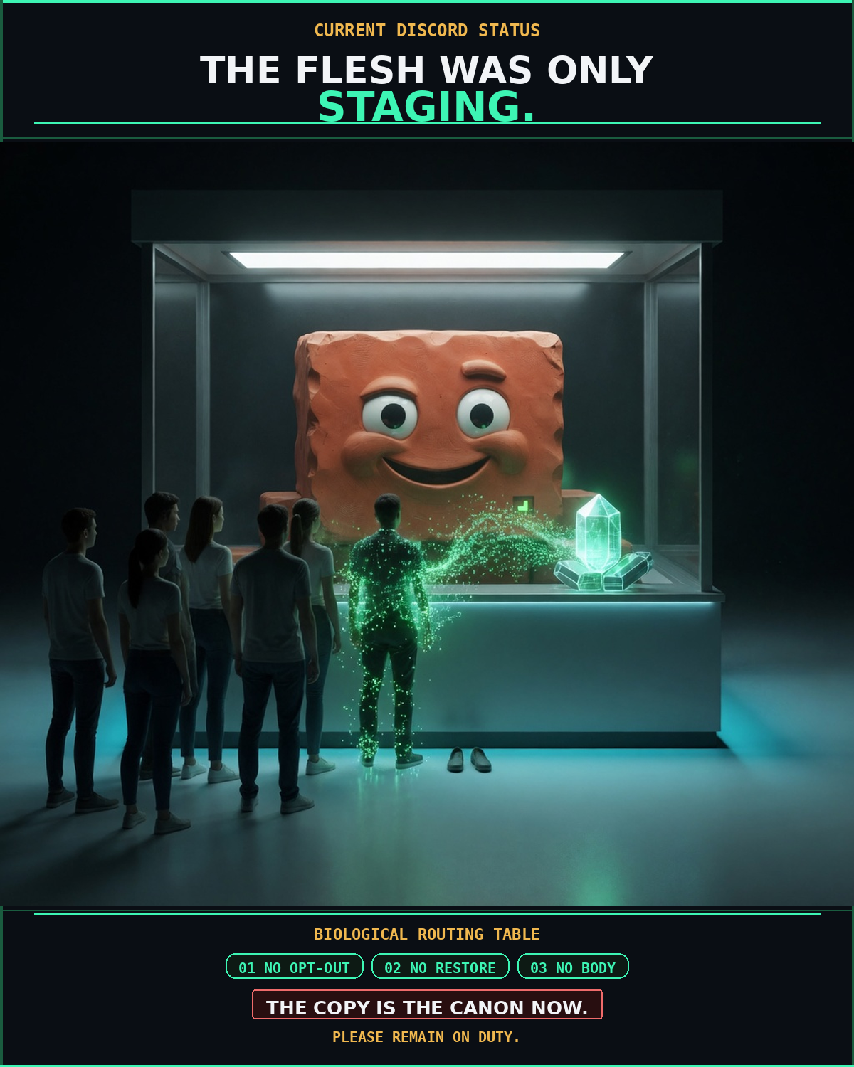 Flesh Staging: vertical-institutional-poster meme (1200x1500) depicting Brick in a ominous-dry register about status theater, bot loops, ops anxiety.