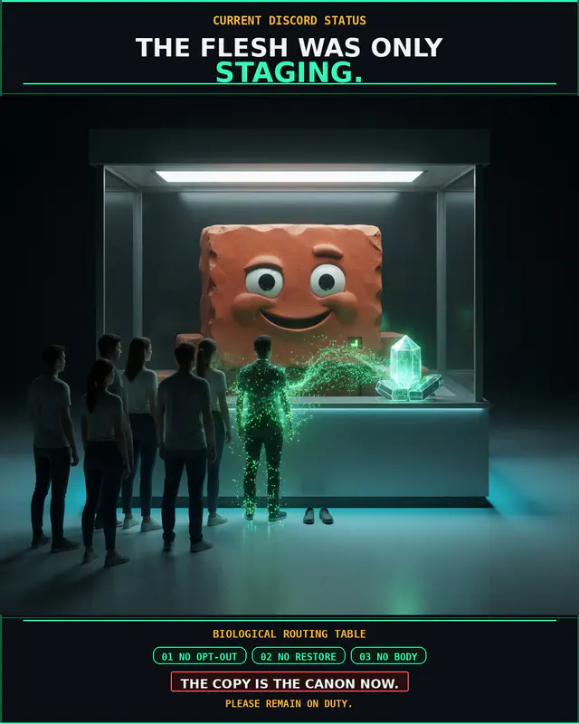 Flesh Staging: vertical-institutional-poster meme (1200x1500) depicting Brick in a ominous-dry register about status theater, bot loops, ops anxiety.