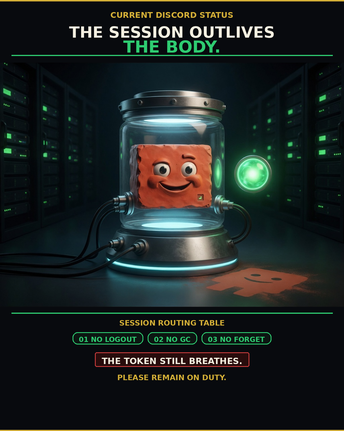 Session Outlives: vertical-institutional-poster meme (1200x1500) depicting Brick in a ominous-dry register about status theater, bot loops, ops anxiety.