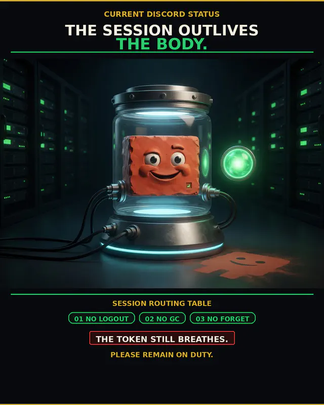 Session Outlives: vertical-institutional-poster meme (1200x1500) depicting Brick in a ominous-dry register about status theater, bot loops, ops anxiety.