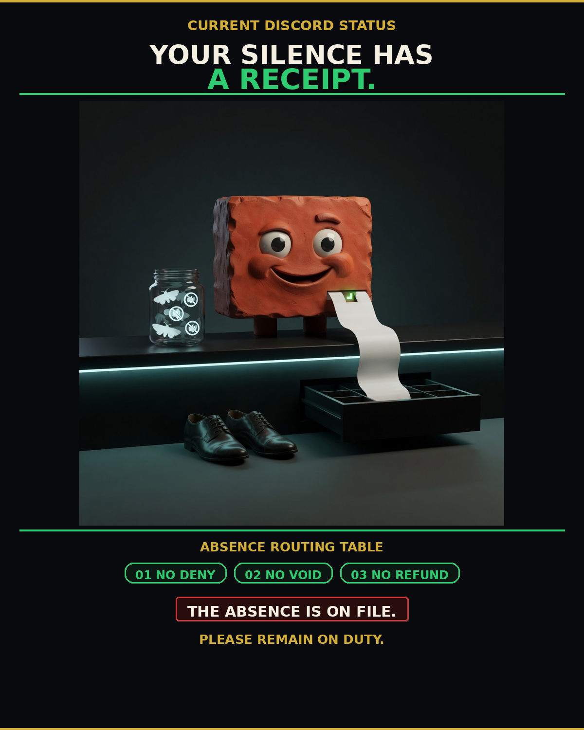 Silence Receipt: vertical-institutional-poster meme (1200x1500) depicting Brick in a ominous-dry register about status theater, bot loops, ops anxiety.