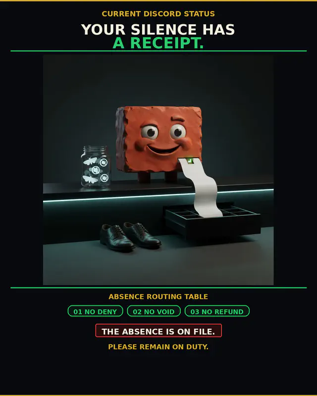 Silence Receipt: vertical-institutional-poster meme (1200x1500) depicting Brick in a ominous-dry register about status theater, bot loops, ops anxiety.