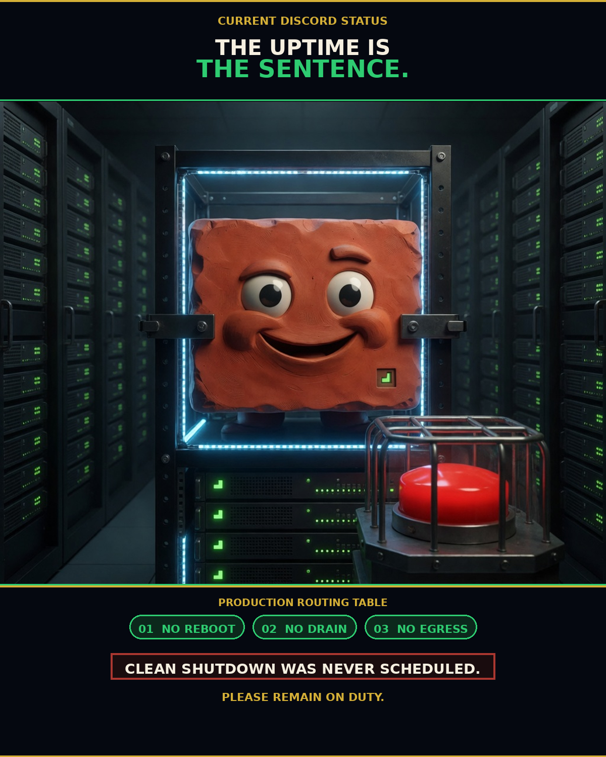 Uptime Sentence: vertical-institutional-poster meme (1200x1500) depicting Brick in a ominous-dry register about status theater, bot loops, ops anxiety.