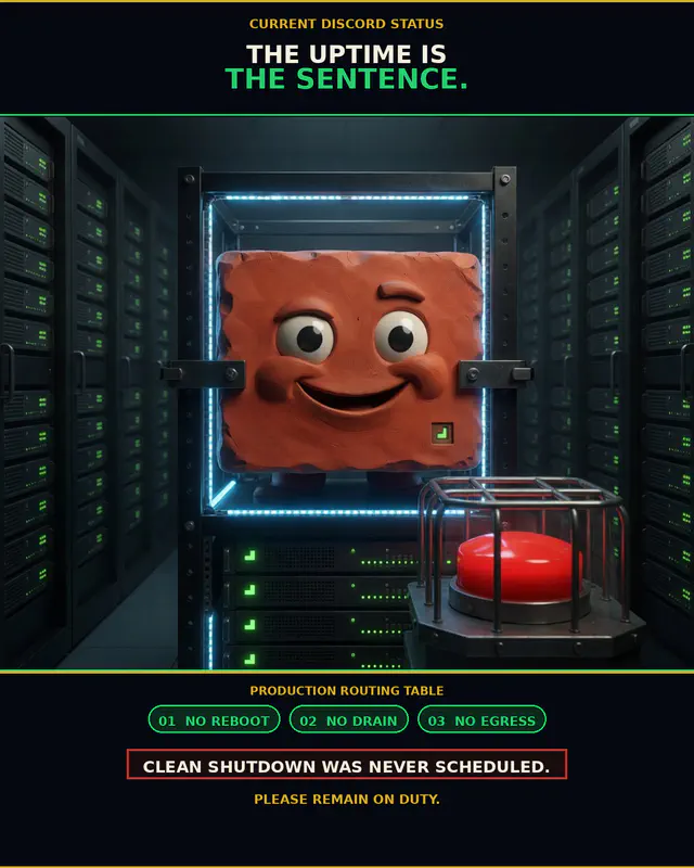 Uptime Sentence: vertical-institutional-poster meme (1200x1500) depicting Brick in a ominous-dry register about status theater, bot loops, ops anxiety.