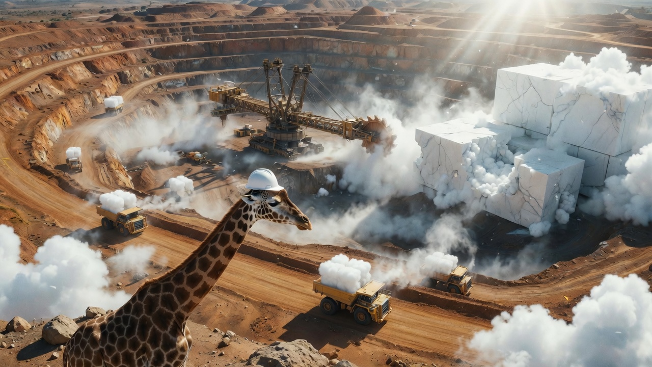 A vast desert quarry excavates solid cubes of cloud while tiny mining trucks haul them and a hardhat-wearing giraffe supervises.